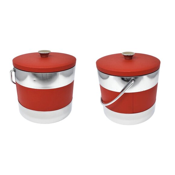 Red Vinyl and Chrome Ice Bucket with Carrying Handle and Plastic Insert - Picture 2 of 9